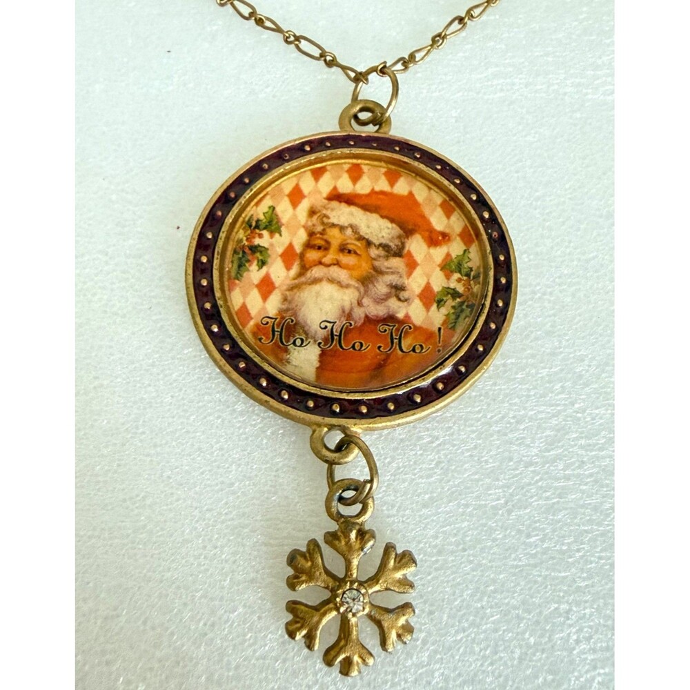 Vintage 1990s Santa Claus Christmas Pendant Necklace Snowflake Dangle Ho Ho HoDe